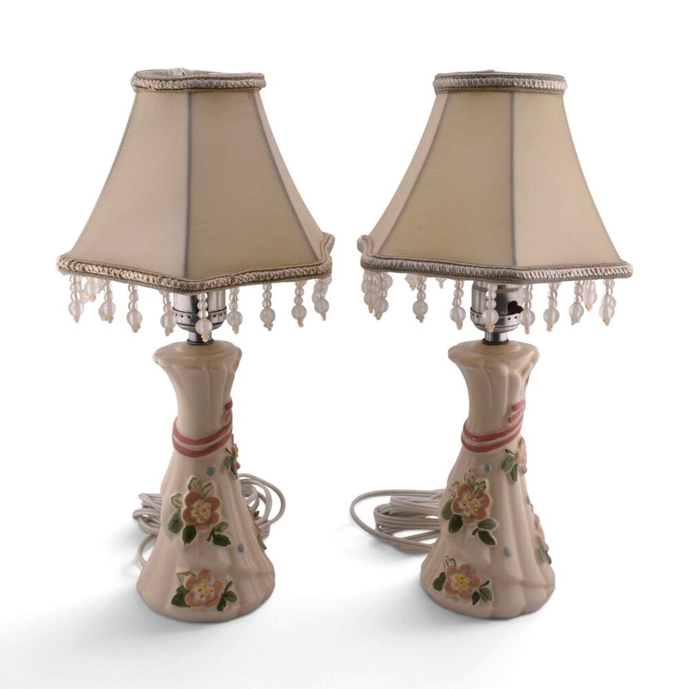 Vintage Pair of Ceramic Table Lamps, Floral & Ribbon, Beaded Fringe Cloth Shades
